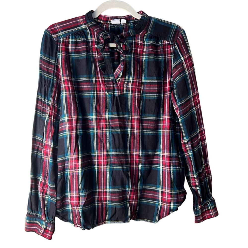 Gap Red Green Holiday Tartan Plaid Tie Neck Popover Flannel Small